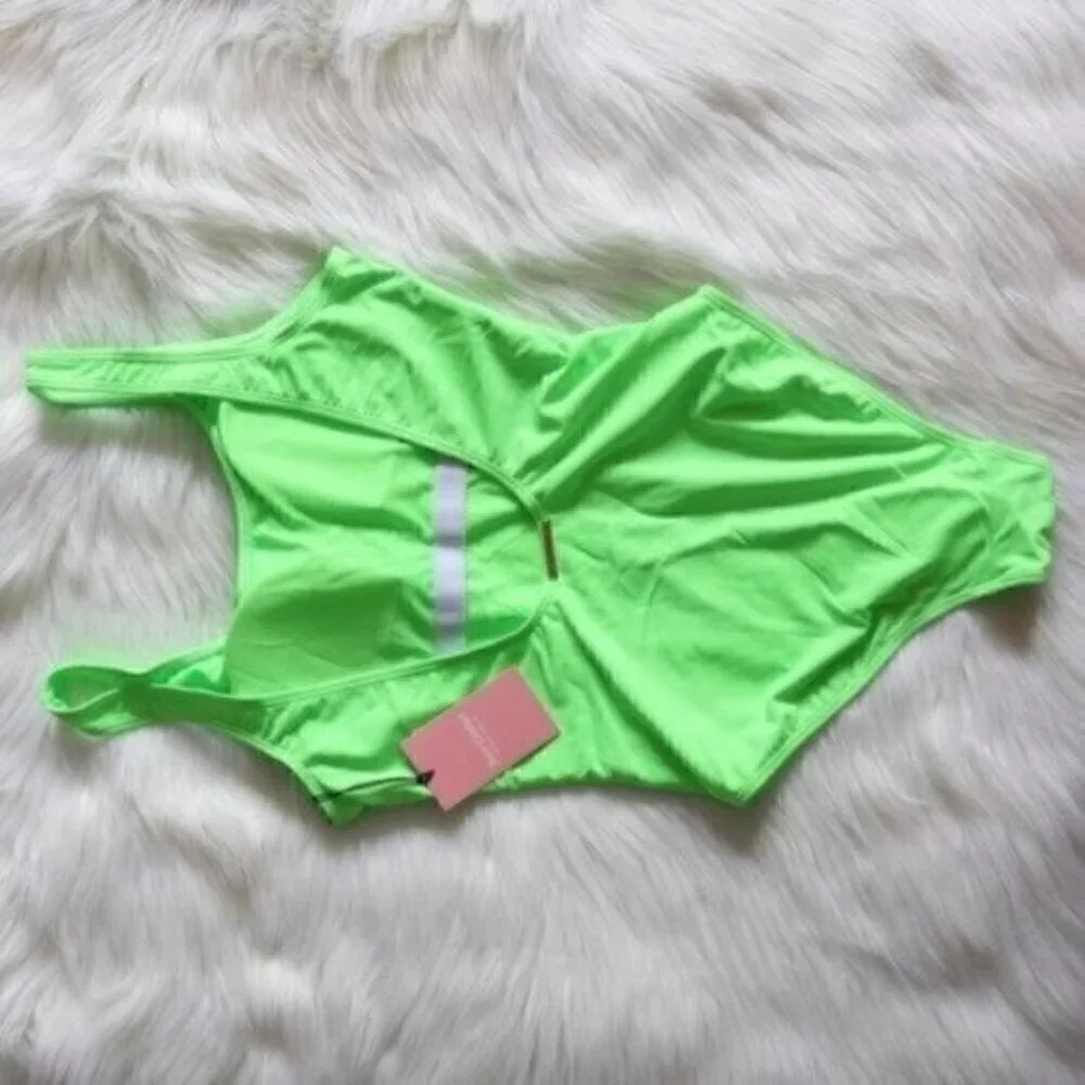 NWT Juicy Couture Logo Neon Green High Cut Leg One Piece Bathing Suit Size Small